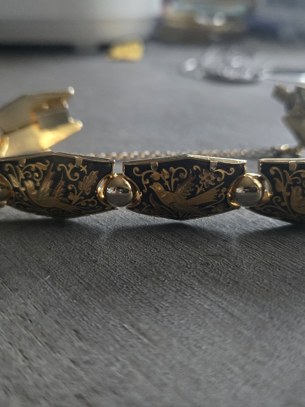 Gold and Black Ornate Bird Link Bracelet